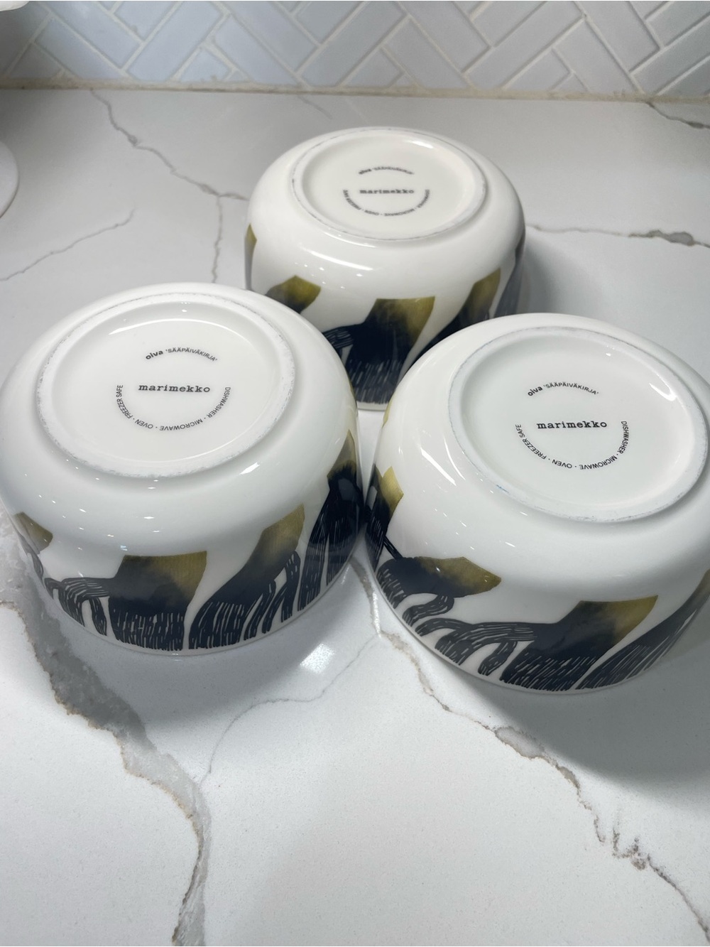 Marimekko Oiva Saapaivakirja 3pc Black and White Tree Motif 5in Ceramic Bowls - Picture 8 of 13